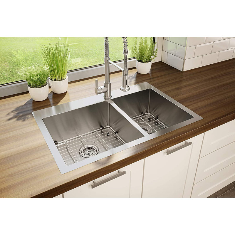 Artika Stainless Steel 31" L x 21" W Double Basin DropIn Kitchen Sink with Sink Grid and Drain